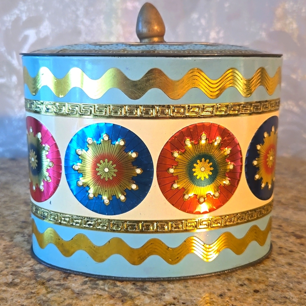 Vintage 60s Colorful Embossed Tin Container with Lid